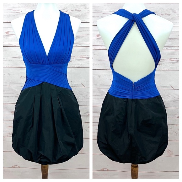 BCBGMazAzria Blue Sapphire Formal Cocktail Prom Backless Halter Mini Puff Dress - Picture 1 of 11